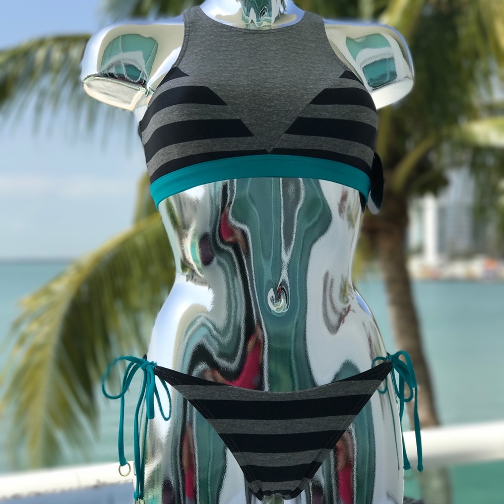Neon Tide Two Piece Striped Grey Aqua Swimsuit